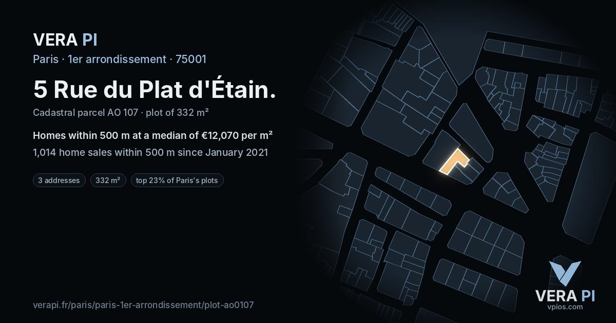 5 Rue du Plat d'Étain, 1er arrondissement at night – the plot lit, the parcels around coloured by the prices near them