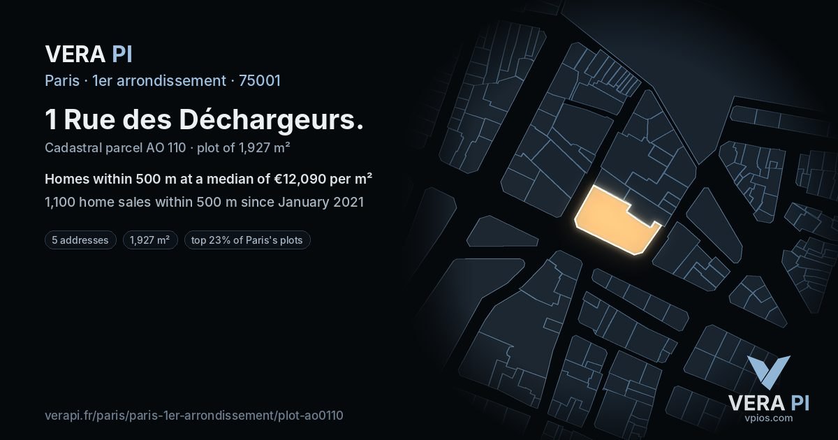 1 Rue des Déchargeurs, 1er arrondissement at night – the plot lit, the parcels around coloured by the prices near them