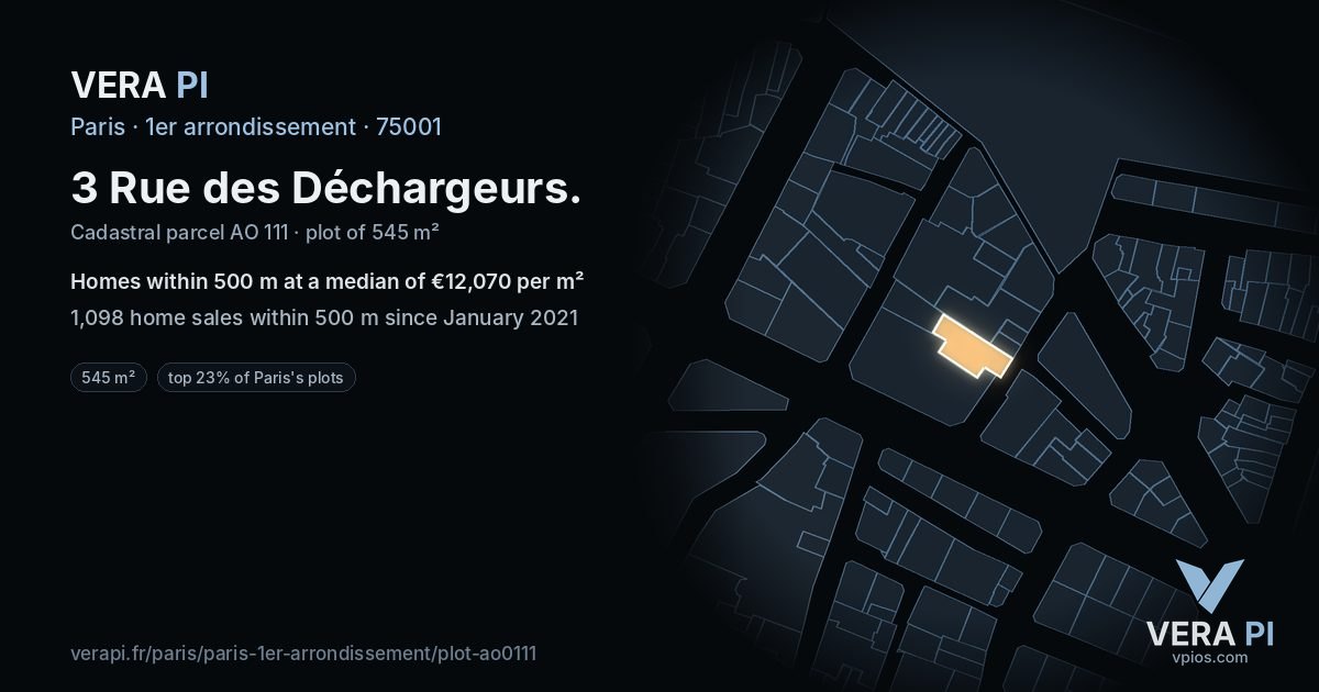 3 Rue des Déchargeurs, 1er arrondissement at night – the plot lit, the parcels around coloured by the prices near them
