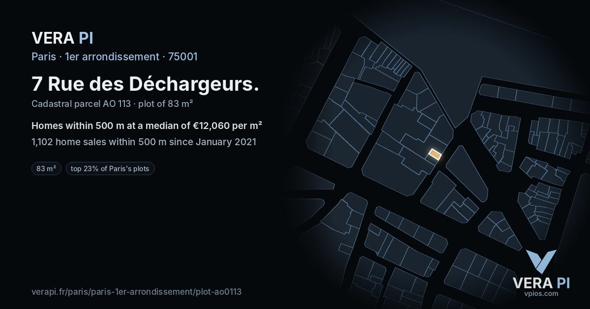 7 Rue des Déchargeurs, 1er arrondissement at night – the plot lit, the parcels around coloured by the prices near them