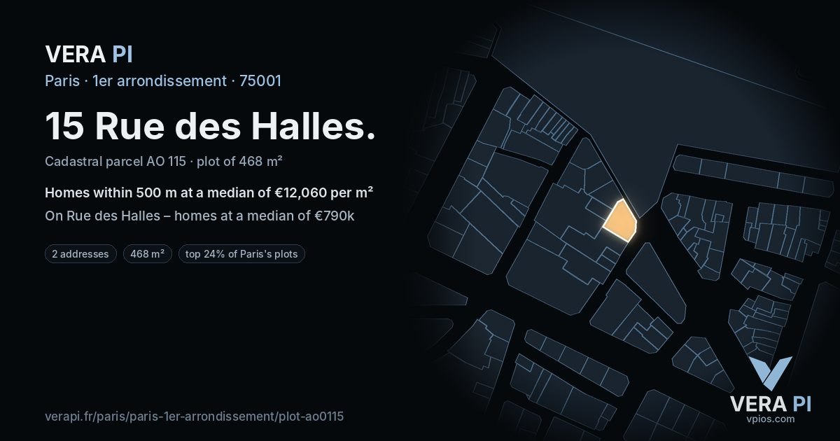 15 Rue des Halles, 1er arrondissement at night – the plot lit, the parcels around coloured by the prices near them