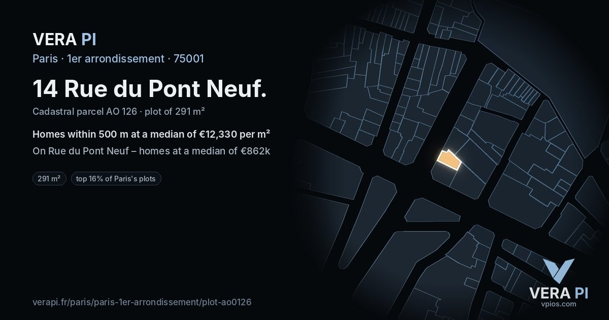 14 Rue du Pont Neuf, 1er arrondissement at night – the plot lit, the parcels around coloured by the prices near them