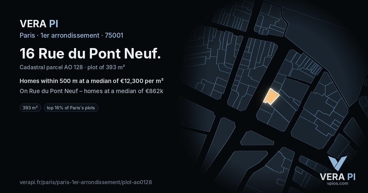 16 Rue du Pont Neuf, 1er arrondissement at night – the plot lit, the parcels around coloured by the prices near them