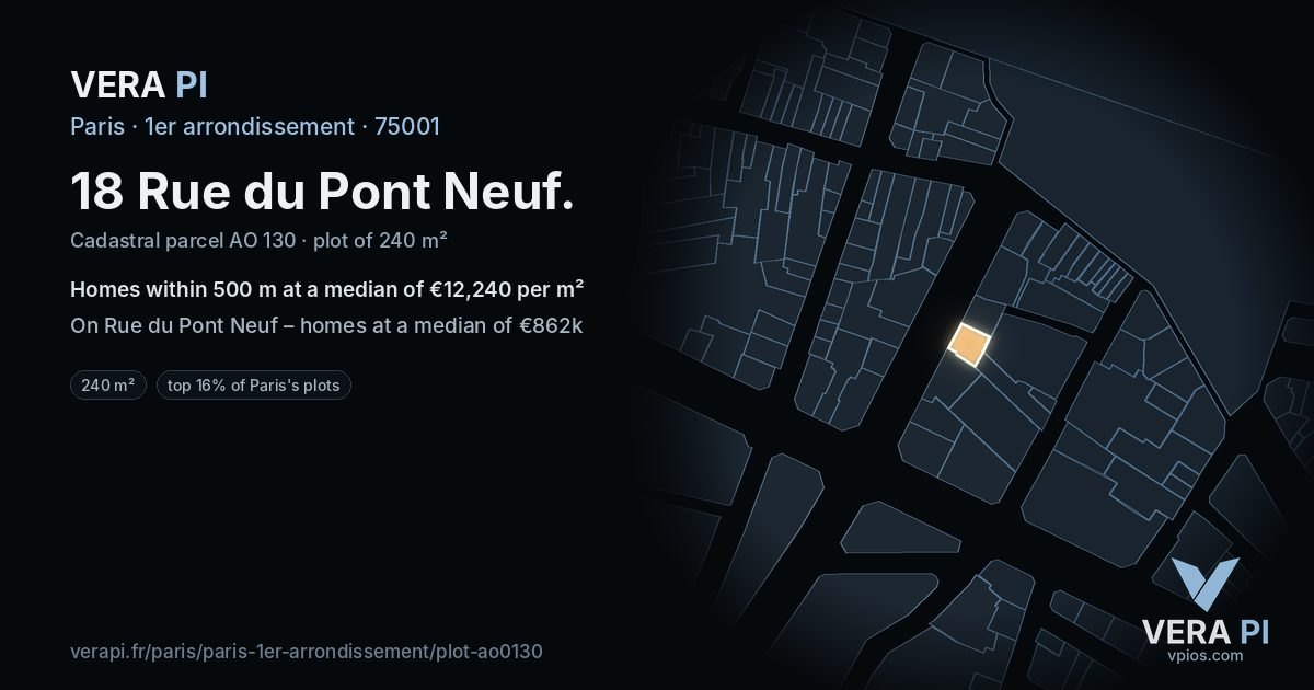 18 Rue du Pont Neuf, 1er arrondissement at night – the plot lit, the parcels around coloured by the prices near them