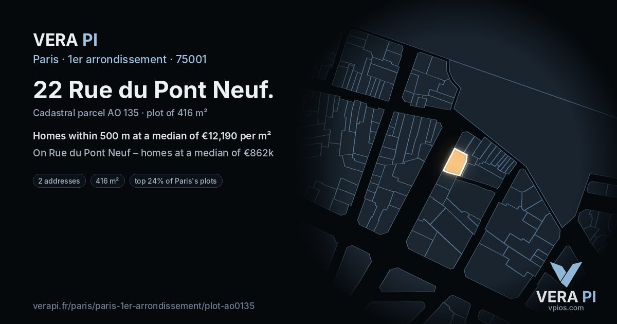 22 Rue du Pont Neuf, 1er arrondissement at night – the plot lit, the parcels around coloured by the prices near them