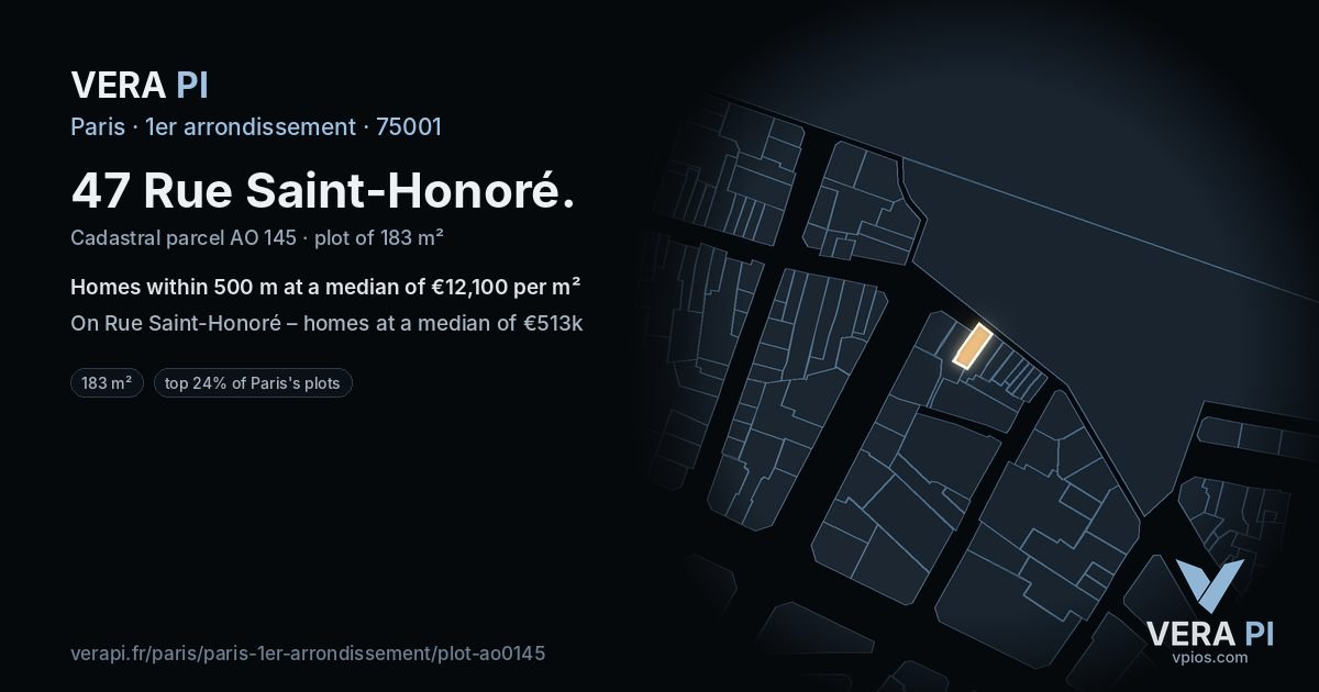 47 Rue Saint-Honoré, 1er arrondissement at night – the plot lit, the parcels around coloured by the prices near them