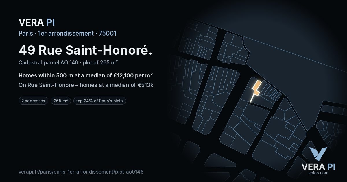 49 Rue Saint-Honoré, 1er arrondissement at night – the plot lit, the parcels around coloured by the prices near them