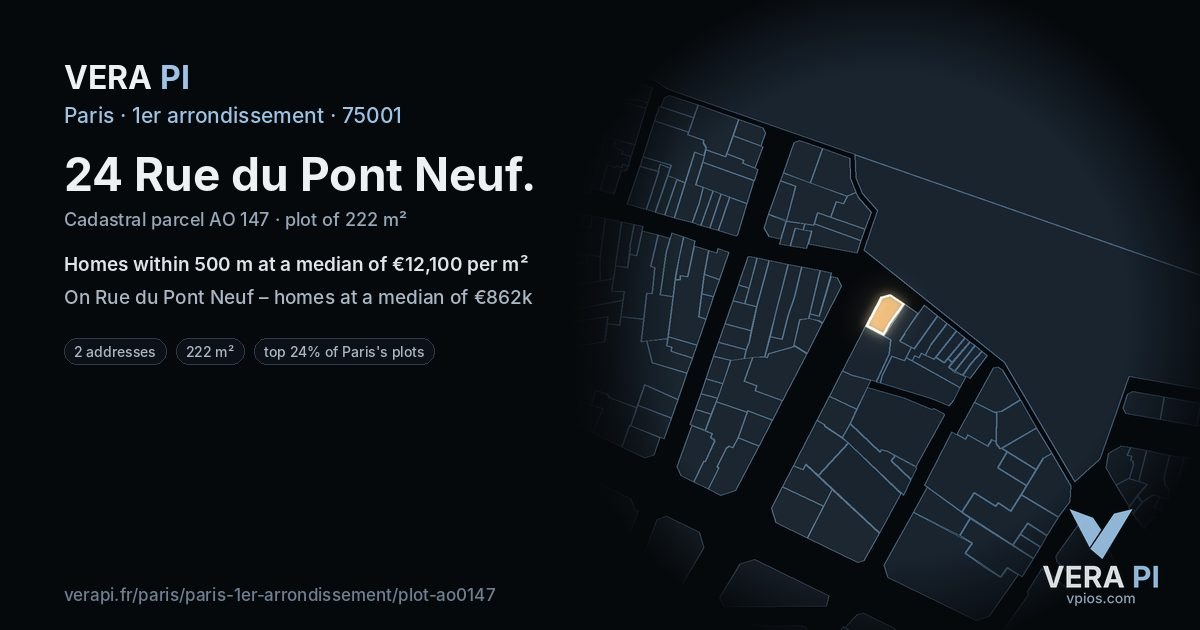 24 Rue du Pont Neuf, 1er arrondissement at night – the plot lit, the parcels around coloured by the prices near them