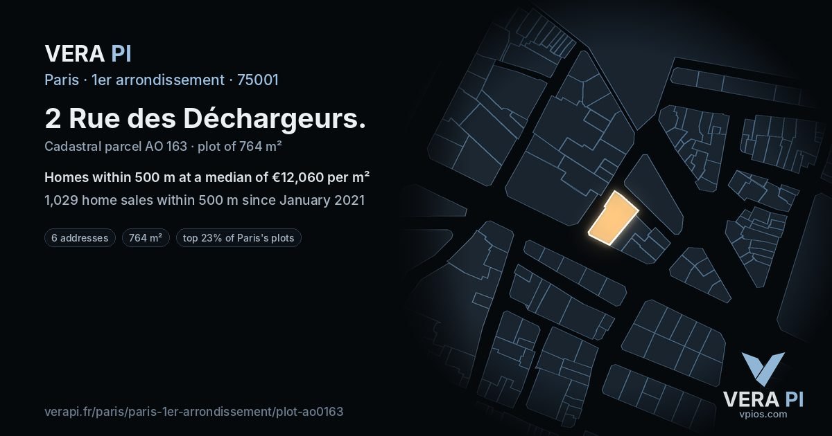 2 Rue des Déchargeurs, 1er arrondissement at night – the plot lit, the parcels around coloured by the prices near them