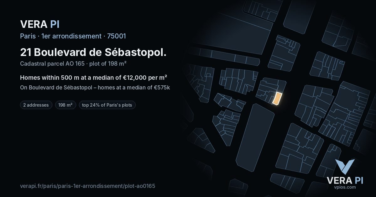 21 Boulevard de Sébastopol, 1er arrondissement at night – the plot lit, the parcels around coloured by the prices near them