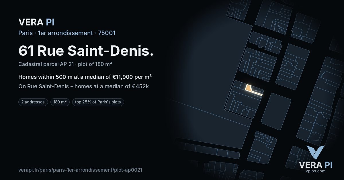 61 Rue Saint-Denis, 1er arrondissement at night – the plot lit, the parcels around coloured by the prices near them