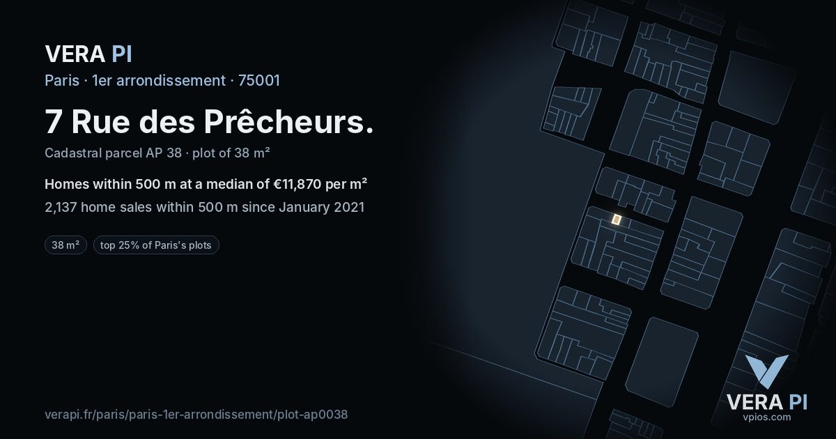 7 Rue des Prêcheurs, 1er arrondissement at night – the plot lit, the parcels around coloured by the prices near them
