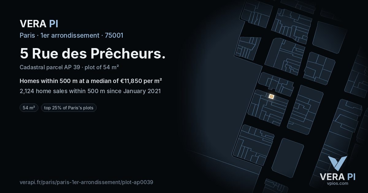 5 Rue des Prêcheurs, 1er arrondissement at night – the plot lit, the parcels around coloured by the prices near them