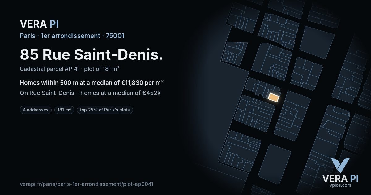 85 Rue Saint-Denis, 1er arrondissement at night – the plot lit, the parcels around coloured by the prices near them