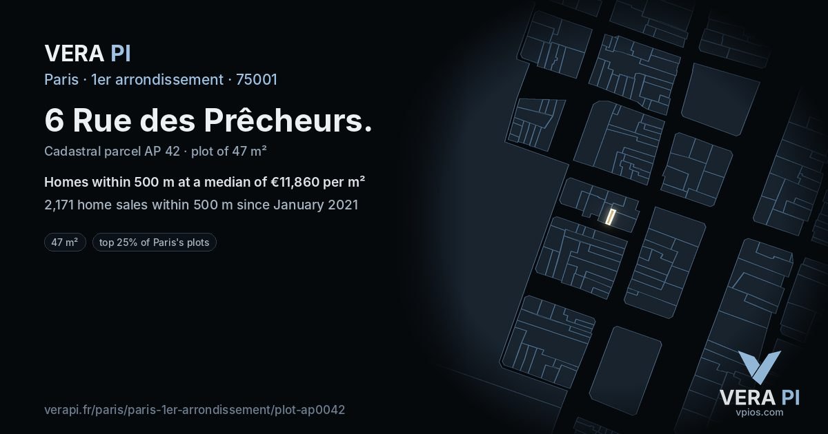 6 Rue des Prêcheurs, 1er arrondissement at night – the plot lit, the parcels around coloured by the prices near them