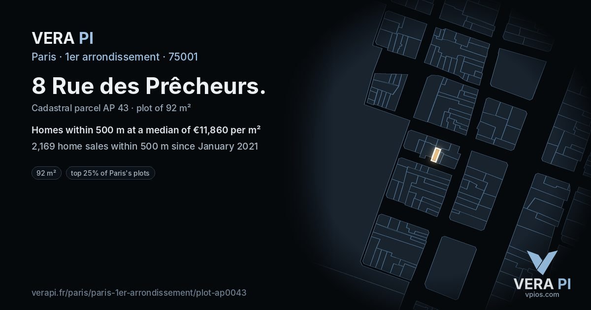 8 Rue des Prêcheurs, 1er arrondissement at night – the plot lit, the parcels around coloured by the prices near them