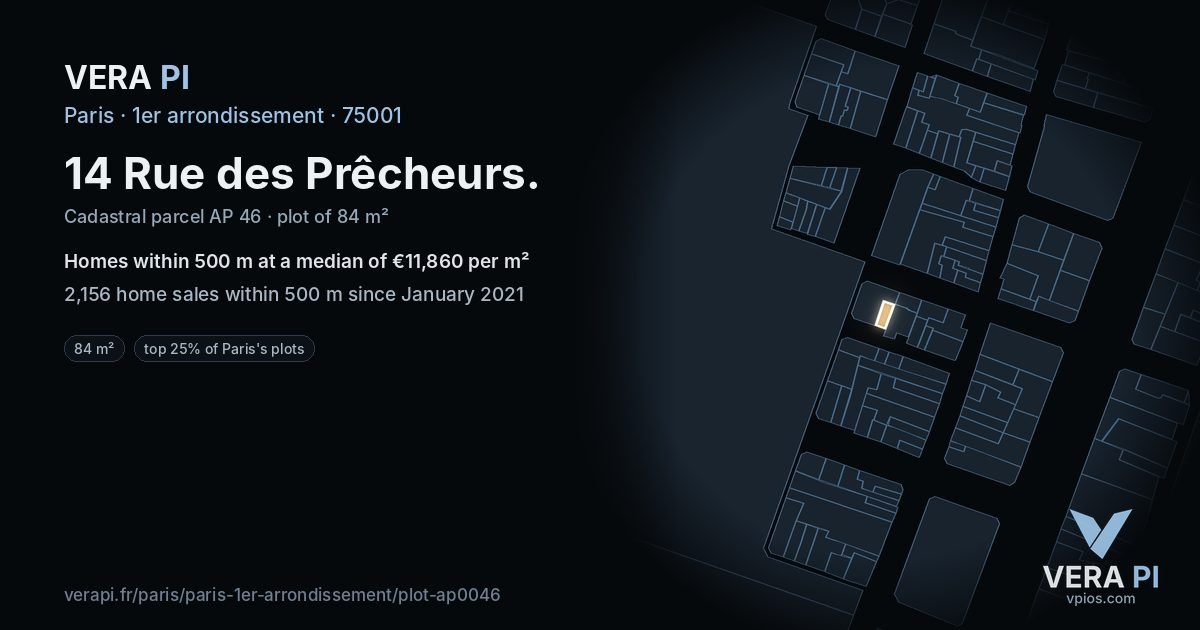 14 Rue des Prêcheurs, 1er arrondissement at night – the plot lit, the parcels around coloured by the prices near them