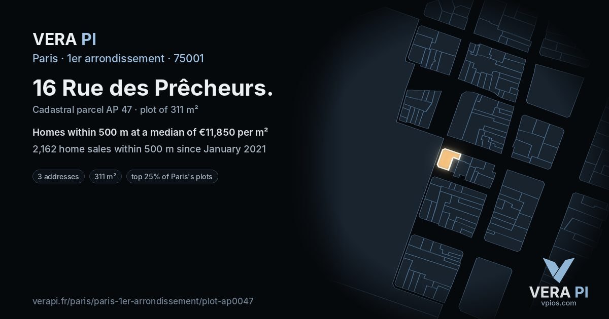 16 Rue des Prêcheurs, 1er arrondissement at night – the plot lit, the parcels around coloured by the prices near them