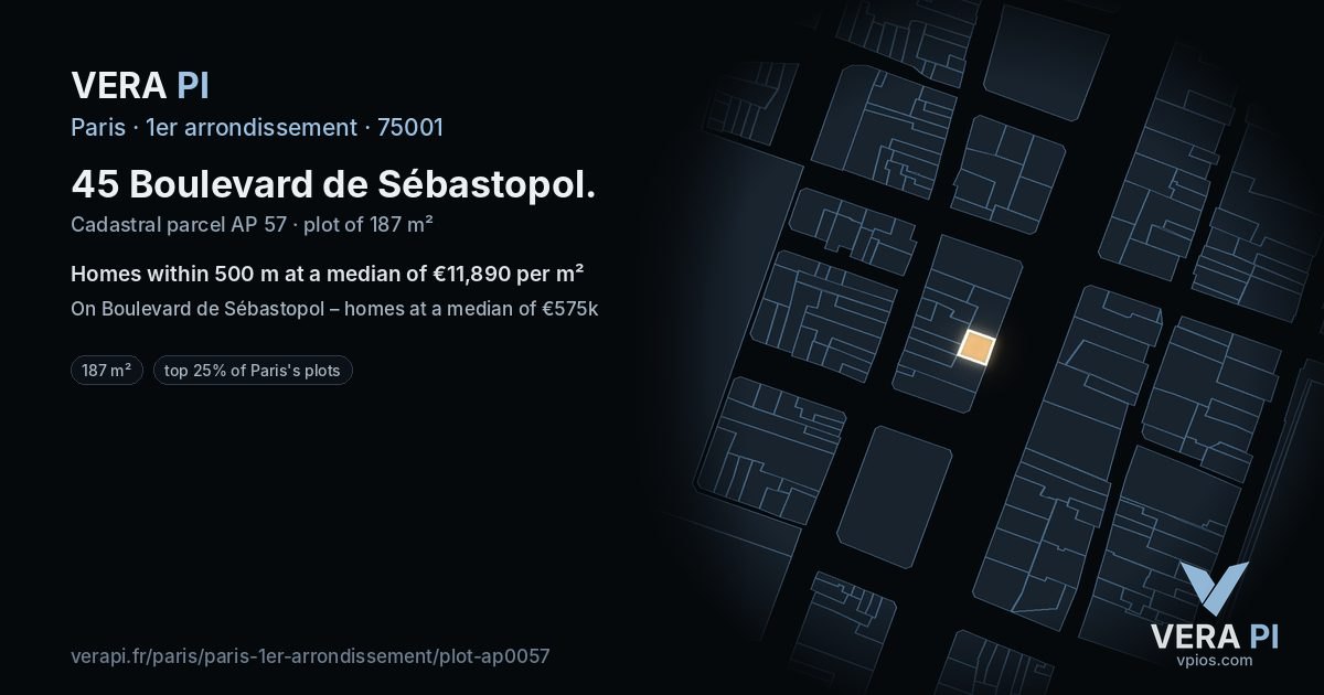 45 Boulevard de Sébastopol, 1er arrondissement at night – the plot lit, the parcels around coloured by the prices near them