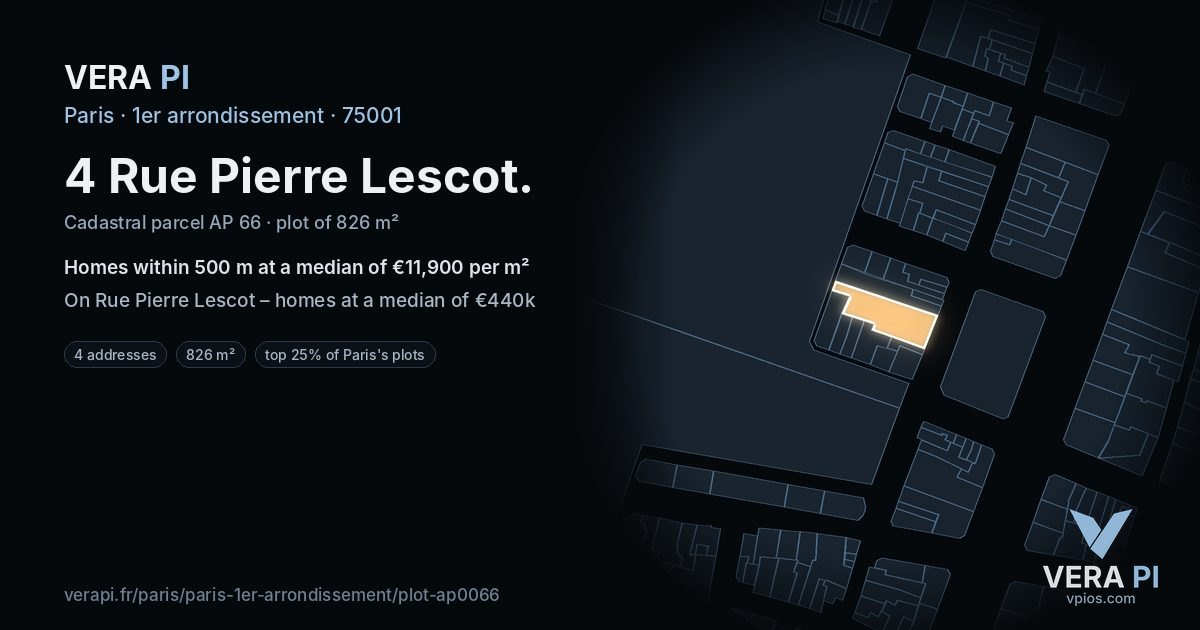 4 Rue Pierre Lescot, 1er arrondissement at night – the plot lit, the parcels around coloured by the prices near them