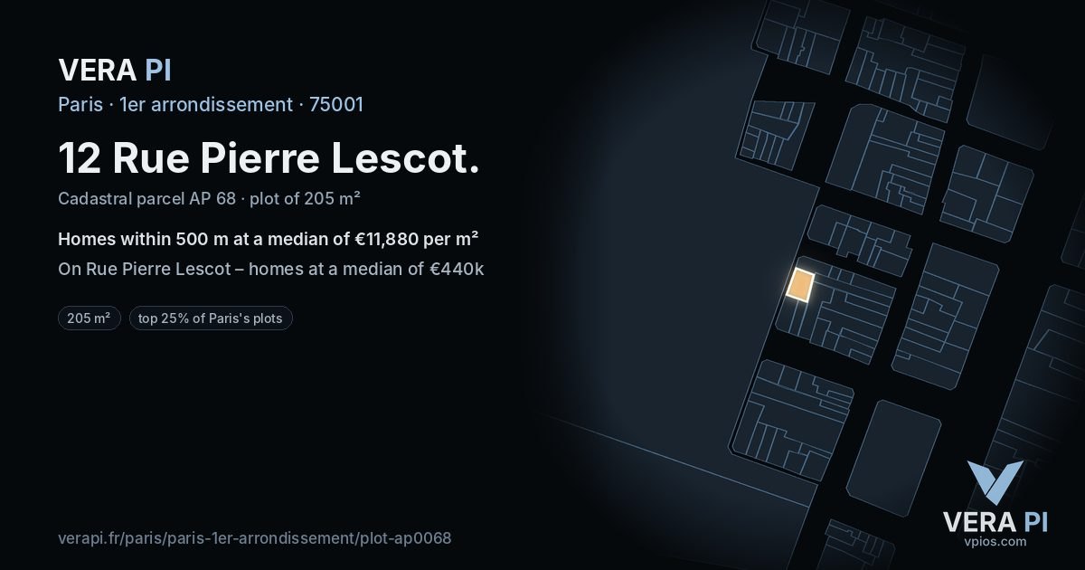 12 Rue Pierre Lescot, 1er arrondissement at night – the plot lit, the parcels around coloured by the prices near them