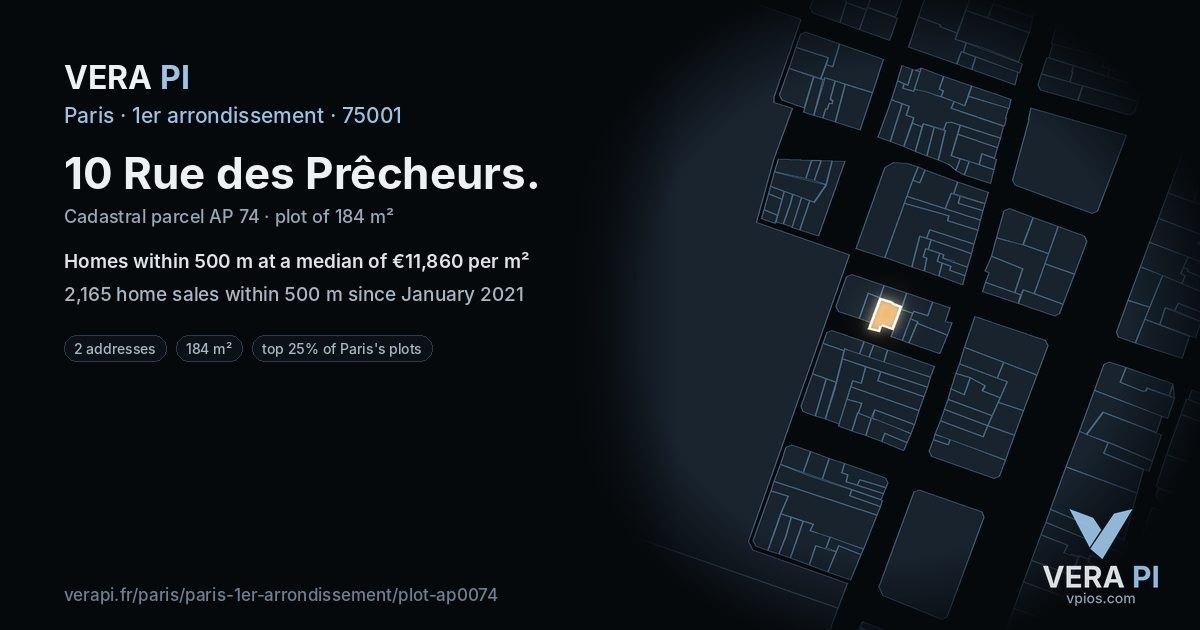 10 Rue des Prêcheurs, 1er arrondissement at night – the plot lit, the parcels around coloured by the prices near them