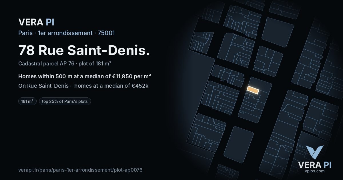 78 Rue Saint-Denis, 1er arrondissement at night – the plot lit, the parcels around coloured by the prices near them