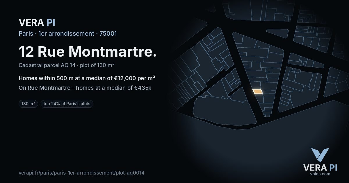 12 Rue Montmartre, 1er arrondissement at night – the plot lit, the parcels around coloured by the prices near them