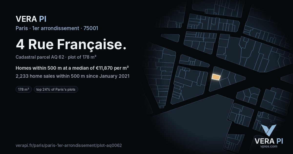 4 Rue Française, 1er arrondissement at night – the plot lit, the parcels around coloured by the prices near them