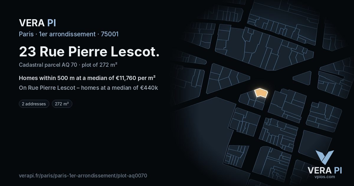 23 Rue Pierre Lescot, 1er arrondissement at night – the plot lit, the parcels around coloured by the prices near them
