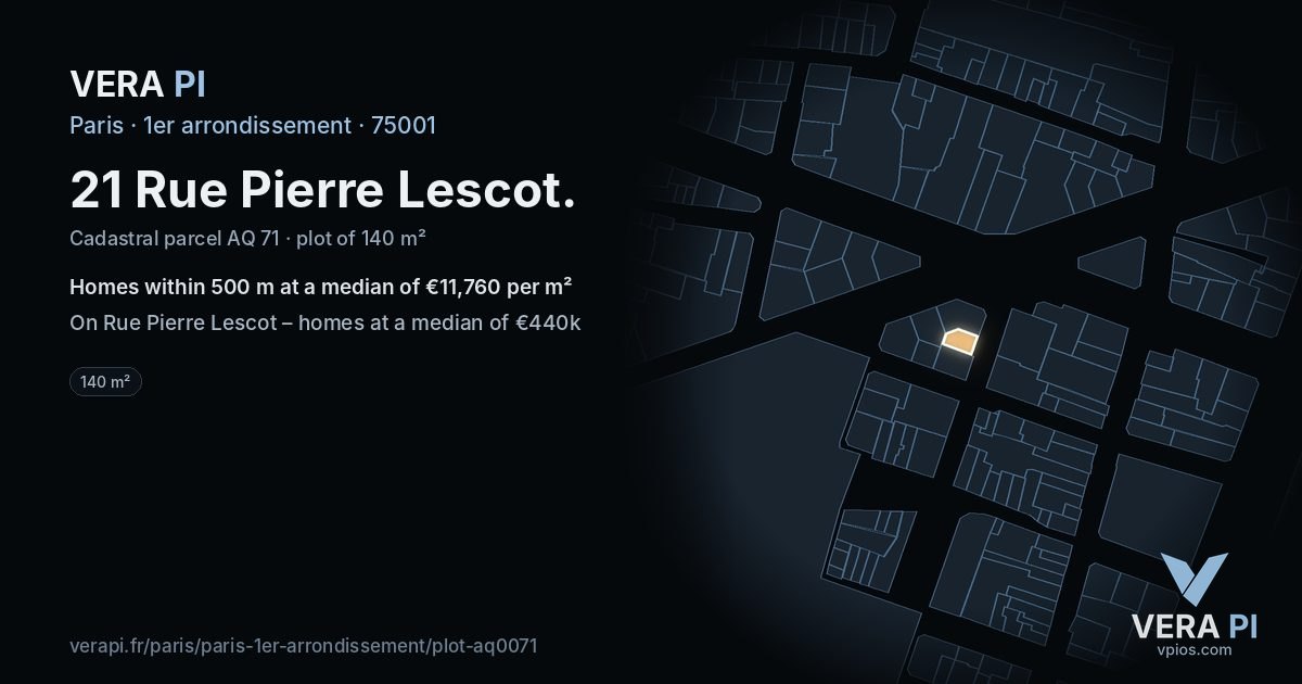 21 Rue Pierre Lescot, 1er arrondissement at night – the plot lit, the parcels around coloured by the prices near them