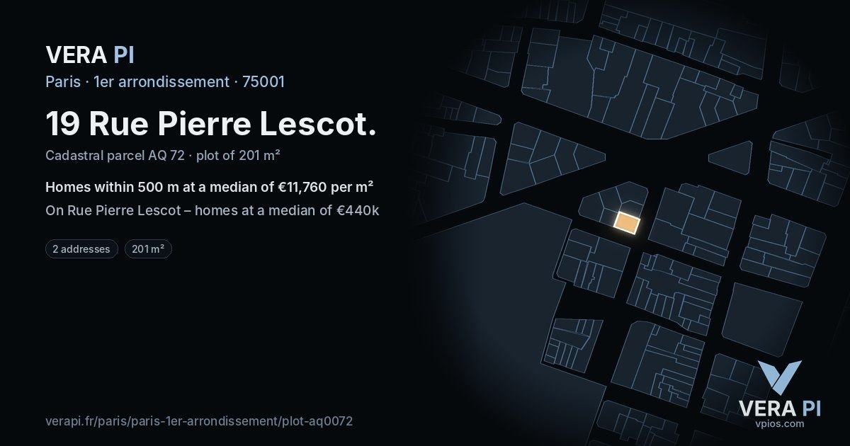 19 Rue Pierre Lescot, 1er arrondissement at night – the plot lit, the parcels around coloured by the prices near them