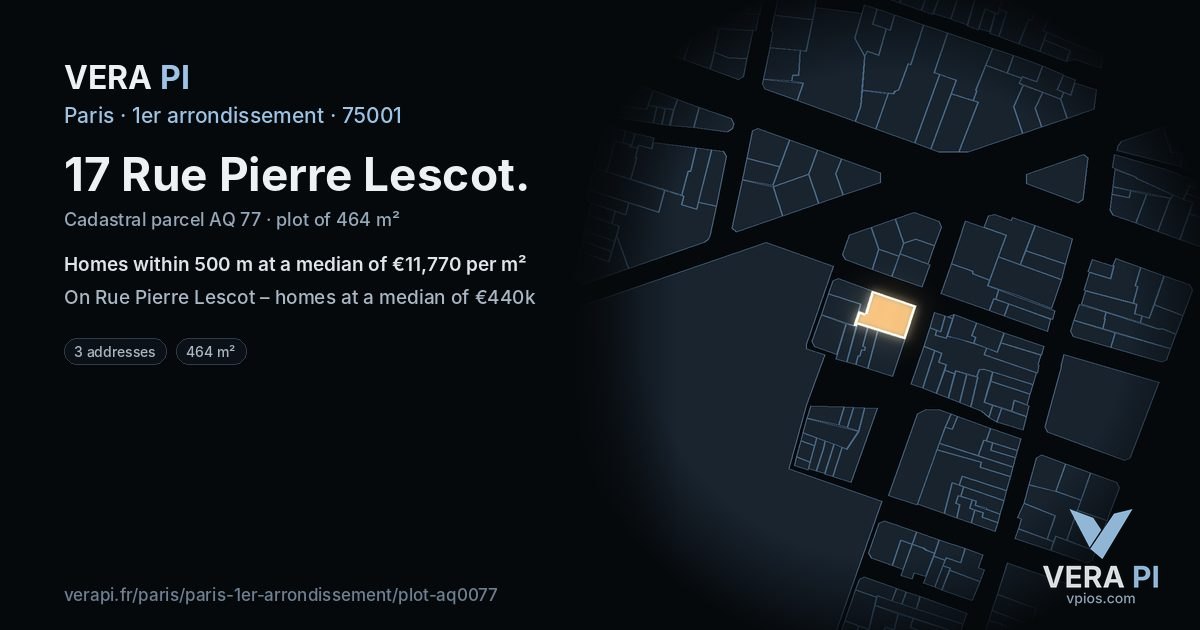 17 Rue Pierre Lescot, 1er arrondissement at night – the plot lit, the parcels around coloured by the prices near them