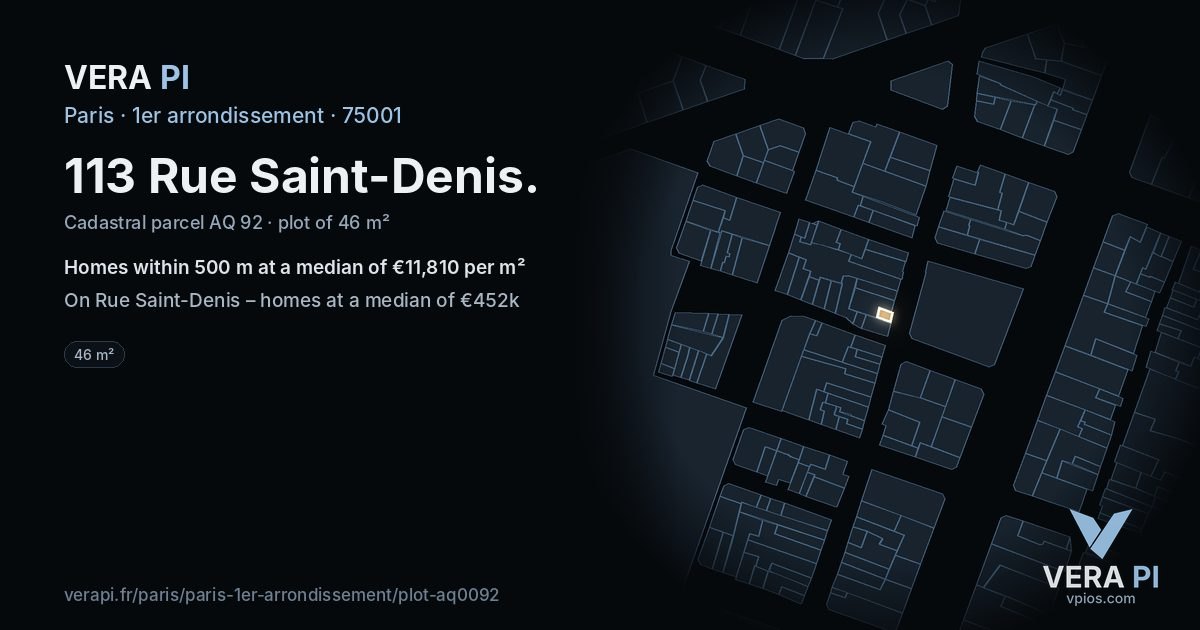 113 Rue Saint-Denis, 1er arrondissement at night – the plot lit, the parcels around coloured by the prices near them