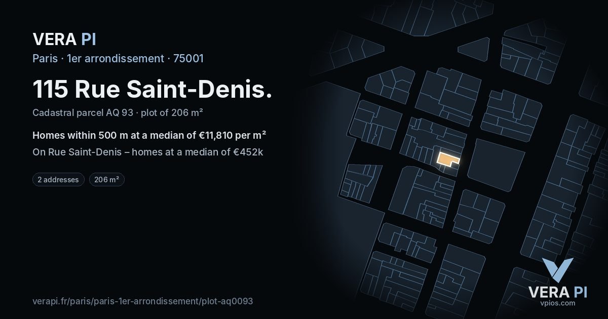 115 Rue Saint-Denis, 1er arrondissement at night – the plot lit, the parcels around coloured by the prices near them
