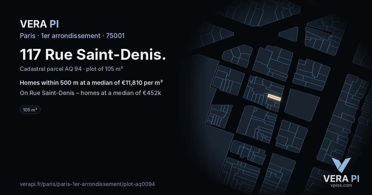 117 Rue Saint-Denis, 1er arrondissement at night – the plot lit, the parcels around coloured by the prices near them