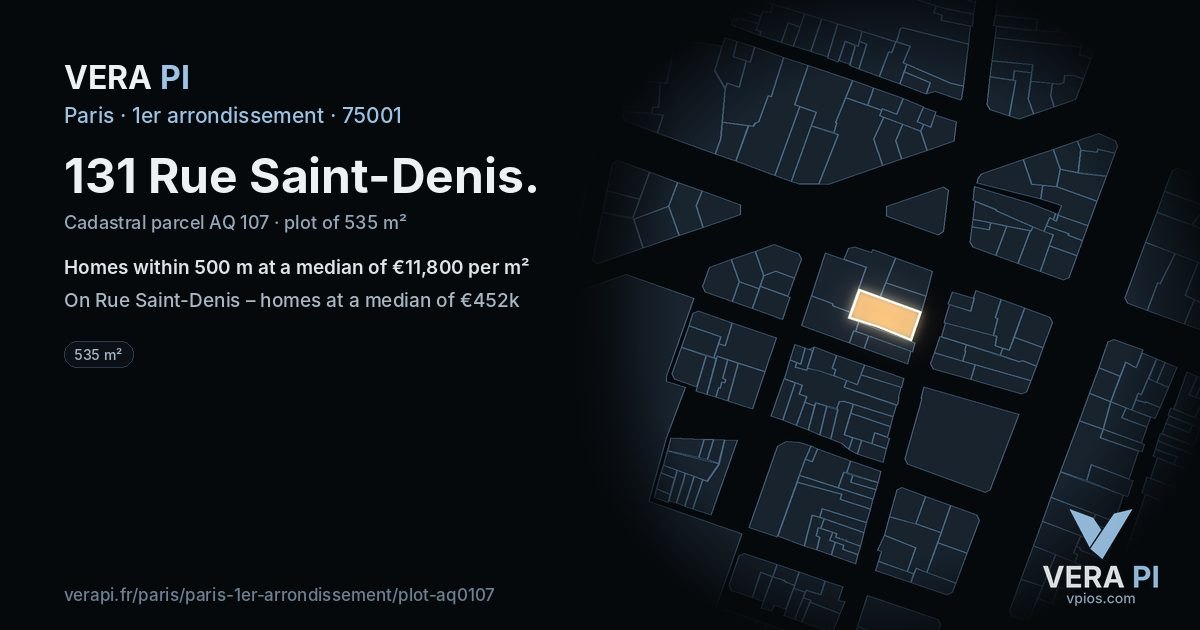 131 Rue Saint-Denis, 1er arrondissement at night – the plot lit, the parcels around coloured by the prices near them
