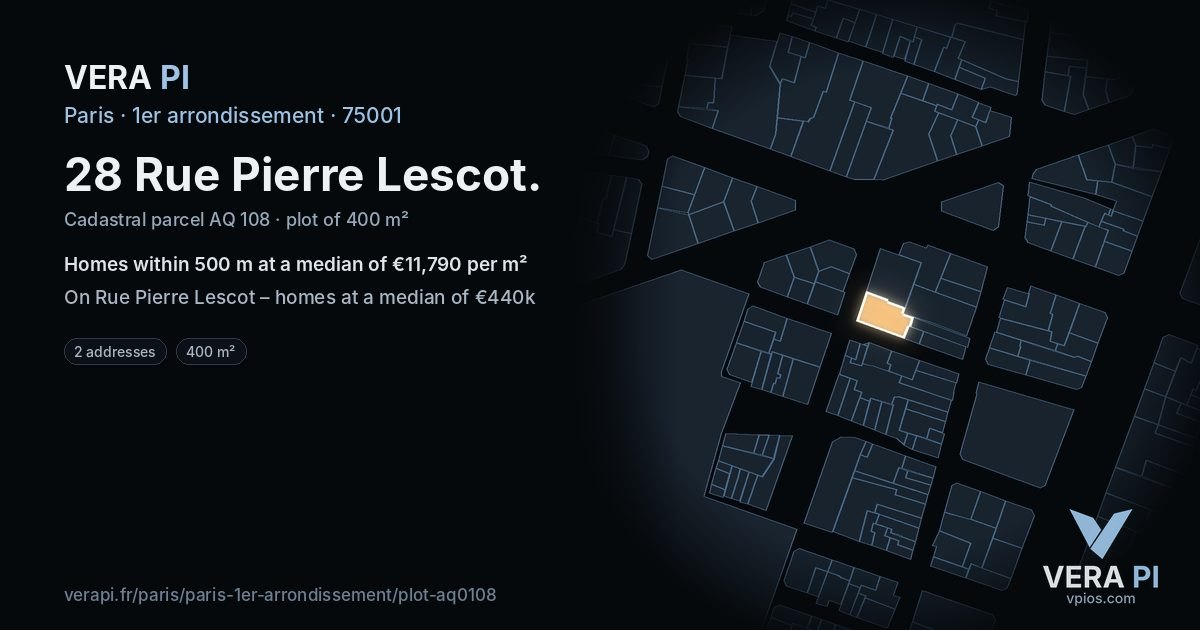 28 Rue Pierre Lescot, 1er arrondissement at night – the plot lit, the parcels around coloured by the prices near them