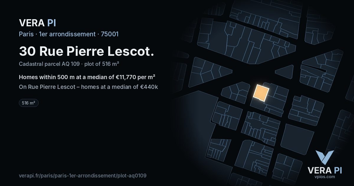 30 Rue Pierre Lescot, 1er arrondissement at night – the plot lit, the parcels around coloured by the prices near them