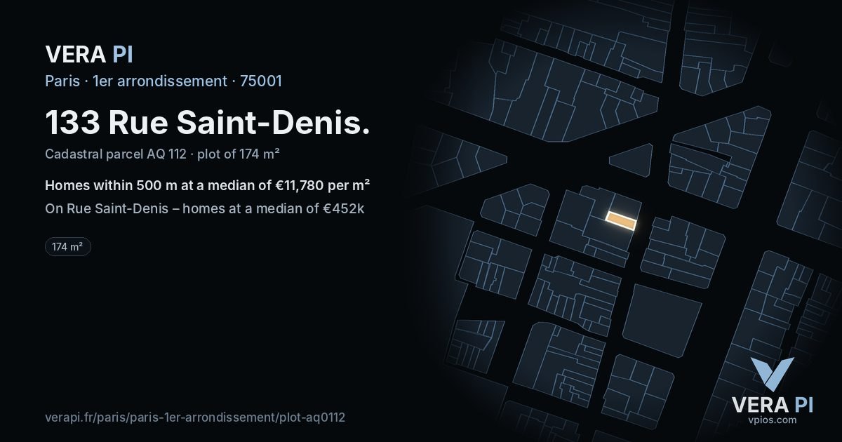 133 Rue Saint-Denis, 1er arrondissement at night – the plot lit, the parcels around coloured by the prices near them