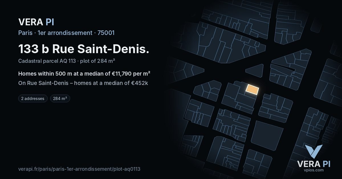 133 b Rue Saint-Denis, 1er arrondissement at night – the plot lit, the parcels around coloured by the prices near them