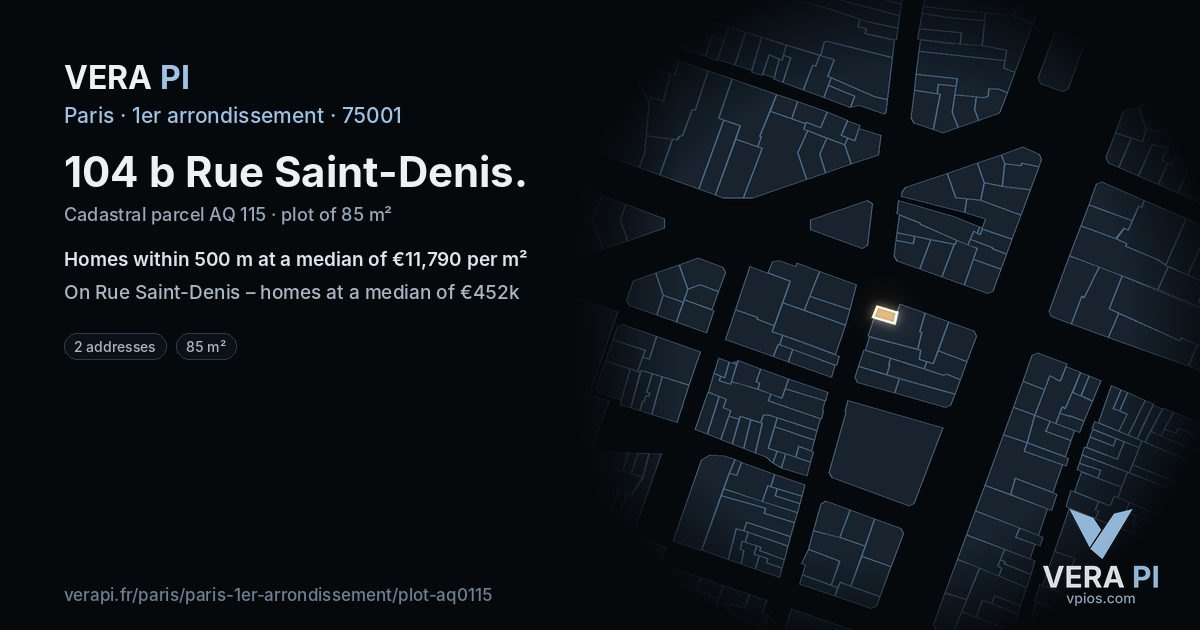 104 b Rue Saint-Denis, 1er arrondissement at night – the plot lit, the parcels around coloured by the prices near them
