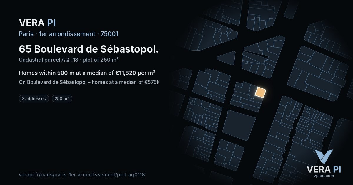 65 Boulevard de Sébastopol, 1er arrondissement at night – the plot lit, the parcels around coloured by the prices near them
