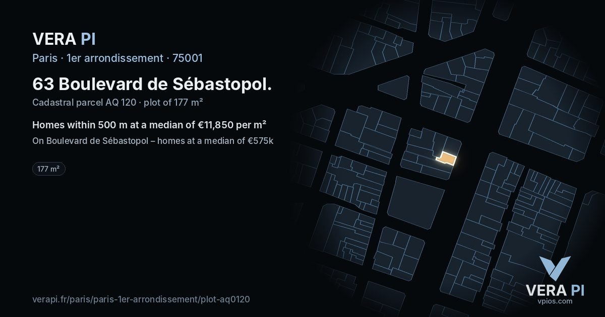 63 Boulevard de Sébastopol, 1er arrondissement at night – the plot lit, the parcels around coloured by the prices near them