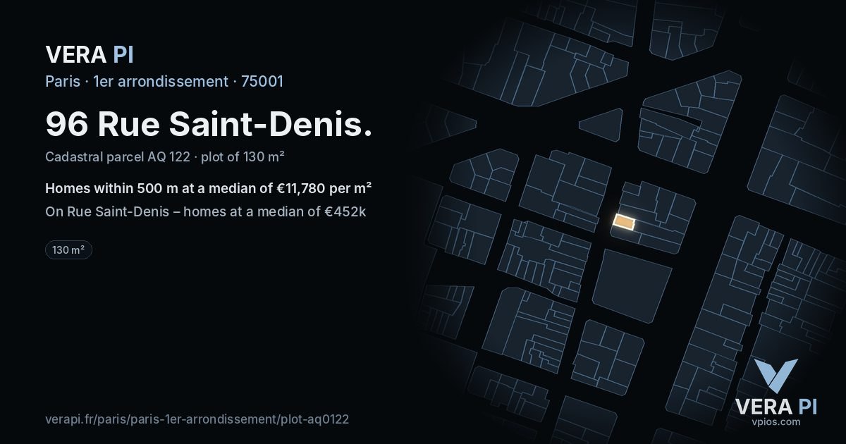 96 Rue Saint-Denis, 1er arrondissement at night – the plot lit, the parcels around coloured by the prices near them