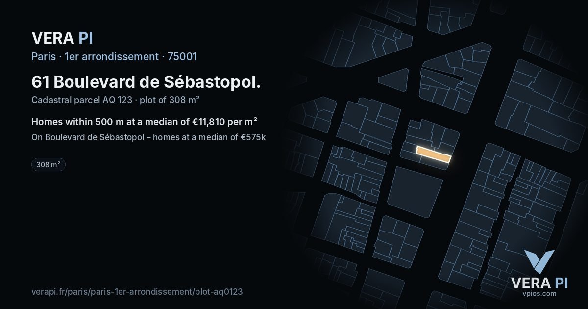 61 Boulevard de Sébastopol, 1er arrondissement at night – the plot lit, the parcels around coloured by the prices near them