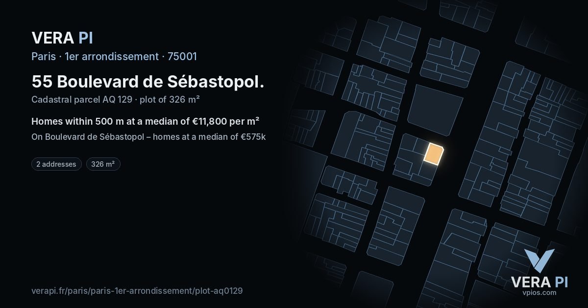 55 Boulevard de Sébastopol, 1er arrondissement at night – the plot lit, the parcels around coloured by the prices near them