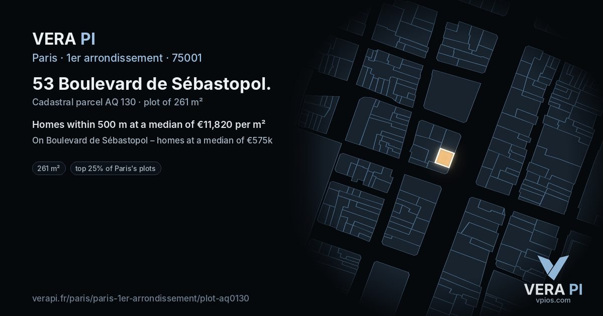53 Boulevard de Sébastopol, 1er arrondissement at night – the plot lit, the parcels around coloured by the prices near them