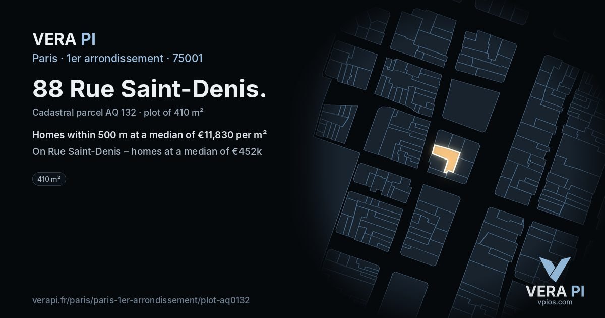 88 Rue Saint-Denis, 1er arrondissement at night – the plot lit, the parcels around coloured by the prices near them