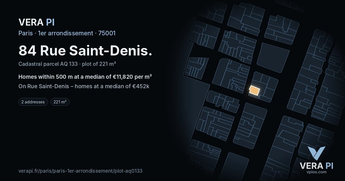 84 Rue Saint-Denis, 1er arrondissement at night – the plot lit, the parcels around coloured by the prices near them